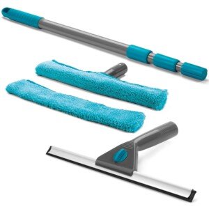Beldray Squeegee with Holder – Window Cleaner, Water Scraper, Silicone Rubber Edge, No Streak Finish, Easily Attach to Tiles/Shower Screens/Glass, Easy-Grip Handle, Blue