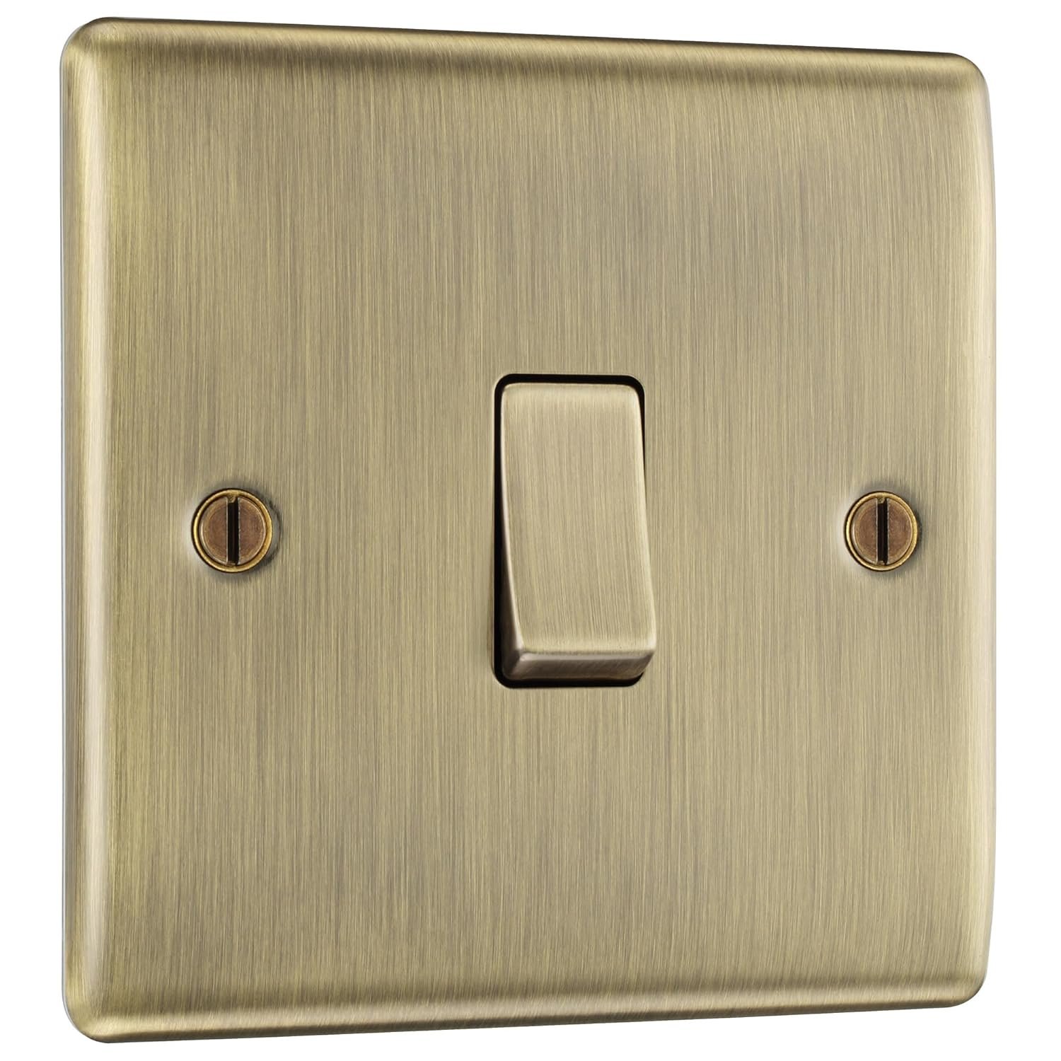 BG Electrical Single Wall Light Switch, 2 Way, Raised and Slim Profile, Round Edges, Nexus Metal, Antique Brass, 20A, 16AX, NAB12