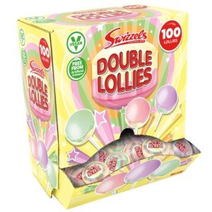 Swizzels Double Lollies Dispenser Box, 100 Assorted Fruit Flavour Lollipops, Vegan Friendly Retro Sweets for Parties, Pick and Mix, Retail Counters & Sharing