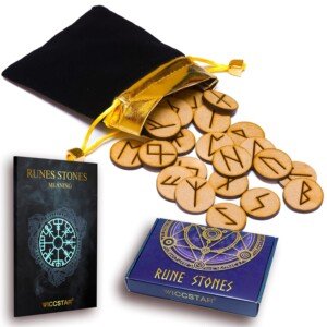 wiccan star Rune Stones Engraved Magic set (25 Pieces) with 5 different layouts & Rune Meaning booklet