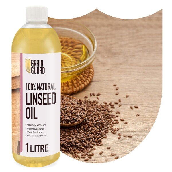 Front view of GRAIN GUARD Raw Linseed Oil for Wood 1L bottle, ideal for protecting and enhancing wood furniture.