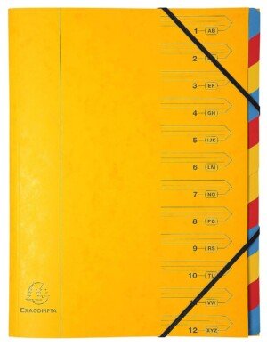 Exacompta - Ref 54129E - Stapled Spine Multipart File - 245 x 320mm in Size, Suitable for Storing A4 Documents - 12 Tabbed Sections - Yellow Cover with Multicoloured Tabs
