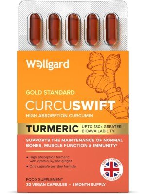 Wellgard Curcuswift Turmeric - High Strength Turmeric Supplement, Curcumin with Vitamin D3 & Ginger for Immune Support & Bone Health
