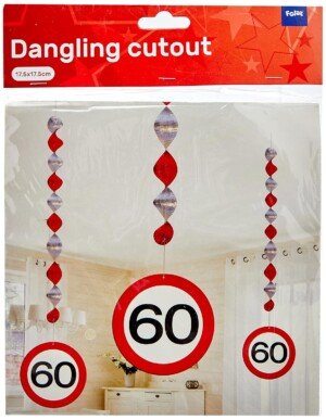 Traffic Sign 60th Party Hanging decor Pack of 3, 3 Traffic Sign Designs on foil spiral hanging decorations