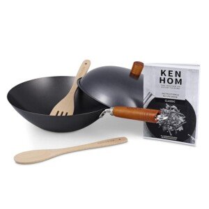 Ken Hom Carbon Steel Wok Set, 31cm, Includes Non-Stick Wok Pan with Lid, Wooden Utensils and Recipe Book, Classic, Non-Induction/Wooden Handle/Flat Base Pan