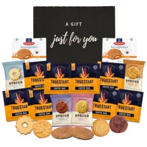 Windmill Gifts Coffee Gift Set Hamper Bundle with Coffee Bags x8, Stroopwafels and Border Biscuits – Gifts for Men and Women