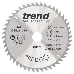 Trend Wood Circular Saw Blade, 210mm Diameter, 30mm Bore, 48 Teeth, 2.4mm Kerf, +15° Hook, TCT, Fine Finish, CSB/21048