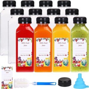 KAHEIGN 12Pcs Plastic Juice Bottles with Tamper Caps, 12oz /360ml Empty Clear Juice Beverage Containers Reusable Water Bottles with Lids, Label, Funnel and Brush for Smoothie Milk Homemade Beverages