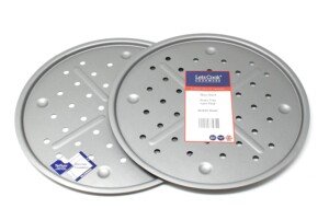 13 Inch (33.5cm) Large Round Pizza Oven Crisper Trays, Twin Pack (Set of 2), with Aeration Holes, Ribs and Dimples, Teflon Non Stick, British Made