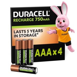 Duracell AAA Rechargeable Batteries (Pack of 4), 750 mAh NiMH, 1000 cycles, pre-charged, Long Lasting Power with a 0% plastic 100% recyclable packaging