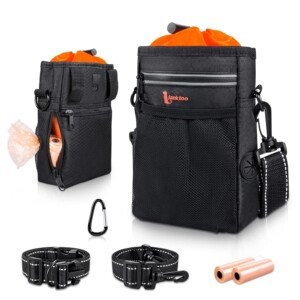 Dog Treat Pouch Bag with Poop Bag Holder, Waterproof Puppy Training Walking Bag W/Shoulder Strap, Waist Belt and Clip, Easily Carrying Dog Toys, Food (Black+Orange)