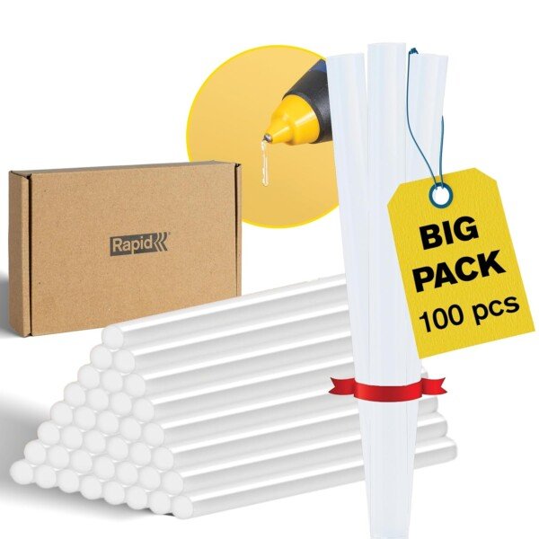 Front view of RAPID Universal 100 Pack of 7mm Glue Sticks, showcasing transparent hot melt sticks by Rapid
