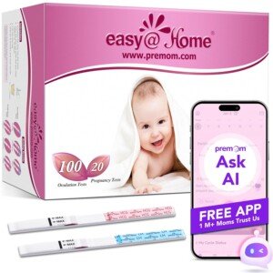 Easy@Home 100 x Ovulation Test Strips and 20 x Pregnancy Test Strips - Fertility Test Kit, Powered by Premom Ovulation Predictor iOS and Android App (100 LH + 20 HCG)