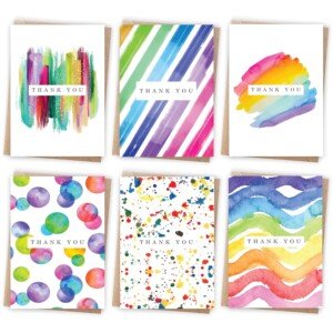 Thank you Cards Multipack of 24 with Envelopes. 6 Watercolour designs. 10 x 15cm. Blank Inside for Teachers, Weddings, Kids. Made in the UK.