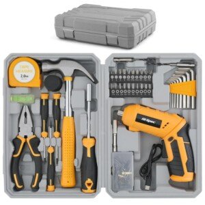 Back view of the Hi-Spec 42pc 4V USB Electric Power Driver & Household Tool Kit highlighting the tool arrangement