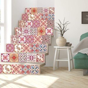 WALPLUS Pink Tile Stickers for Kitchen Peel and Stick Backsplash 15x15cm(6") Removable Stick on Tiles for Bathroom Transfers Moroccan Self Adhesive Wall Stairs Home Renovation 24pcs