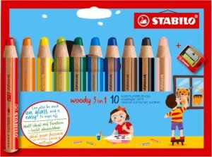 STABILO woody 3-in-1 - Multi-Talented Pencil - Pack of 10 - Assorted Colours with Sharpener