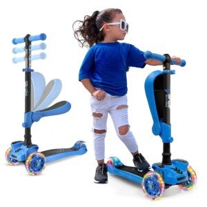Hurtle 3-Wheel Tri Scooter for Kids ages 4-7, Scooter with Seat, Foldable, Flashing Lights, Adjustable Height