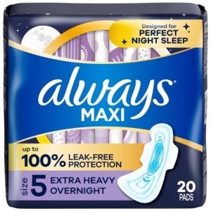 Always Maxi Feminine Pads for Women, Size 5 Extra Heavy Overnight Absorbency, with Wings, Unscented, Pack of 20