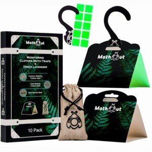 10 Pheromone Clothes Moth Traps, Carpet Moth Trap + Lavender Freshener + 10 Glowing Pads + eBook with Moths Prevention & Protection Techniques, Cloth Moths Monitoring Traps Detecting Activity