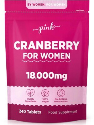 Cranberry Tablets for Urinary Infections 18,000mg | High Strength Cranberry Extract | 240 Vegan Tablets | Supplement for Women & Men | by Pink
