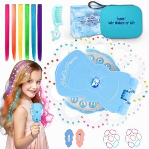 Hair Gem Stamper With 300 Gems, Bedazzler Kit Gift Box, Carry Case, 6 Clips In Colored Extension, Clips, Comb, Rubber Band, Accessories For Girl Birthday Party Festival, Blue, Rainbow (EC 123)