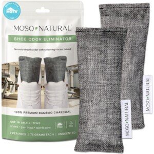 Moso Natural Shoe Deodouriser Inserts, Charcoal Odour Absorber for Shoes Boots Gym Bag, Unscented Shoe Odour Eliminator, Air Purifying Bags (Two Per Pack)