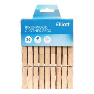 Elliott Hardwood Clothes Pegs with Metal Coil Spring for Firm Grip, Contoured to Prevent Leaving Marks on Clothing, This Pack Include 36 Pegs Ideal for Outdoor and Indoor Use