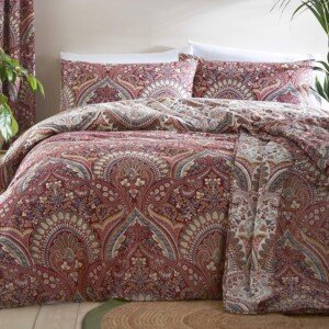Dreams & Drapes Maroon Jacobean Duvet Cover King Size (230x220cm) – Reversible Boho Bedding Set with 2 Pillowcases – Moroccan Persian Red Design