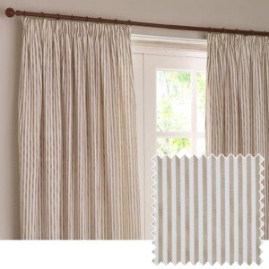 Detail of the ultra-soft cotton lining on the furn. Yard Hebden Pencil Pleat Curtain Pair in Natural, showcasing striped design