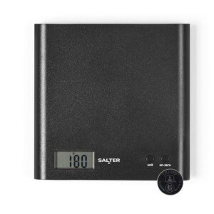 Salter Arc Kitchen Scale – Digital Food Weighing Scales For Precise Cooking/Baking, Slim Platform for Compact Storage, Add & Weigh/Tare Function, 3kg Capacity, Battery Included, Black