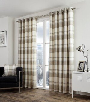Fusion - Balmoral Check - 100 Percent Cotton Pair of Eyelet Curtains in Natural- 46 Width x 72 Drop (117 x 183 cm), Nautral