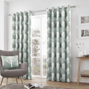 Fusion - Woodland Trees - 100% Cotton Pair of Eyelet Curtains - 66" Width x 54" Drop (168 x 137cm) in Duck Egg