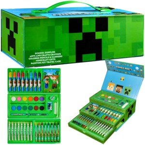 Minecraft Art Supplies Set with Colouring Pencils Felt Tip Pens Watercolour Paints Wax Crayons for Drawing Painting Set Creeper Travel Art Set Gamer Gifts