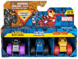 Monster Jam, Marvel Mini Monster Truck 3-Pack, Black Panther, Captain America, Iron Man Die-Cast Monster Trucks, 1:87 Scale, Kids’ Toys for Boys Aged 3 and Up