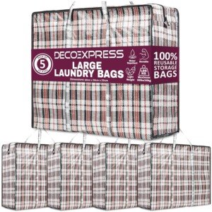 DECO EXPRESS Laundry Bags XL, Pack of 5, 75L Strong, Durable & Reusable Extra Large Storage Bags with Zips, Ideal for Moving, Shopping, Packing, Laundry & Clothes Storage (60 X 50 X 25 CM)